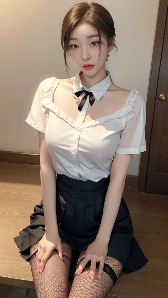 Korean 、summer  shirt、Tight shirt、Ribbon Ties、skirt by the、schools、stairs at school、chest lifting pose、Emphasis on the chest、Slender and large、8K raw photos、A high resolution、18-year-old Korean、embarrassing looking、very large round breasts、Beautiful eyes finely detailed、long eyelasher、beautiful double eyelid、eye shadows、eyeline、slender eyes、Elongated eye shape、Sanpaku eyes、beautiful and thin legs、Beautiful slender thighs、Random Shorthair、Tie your hair behind your head、耳Nipple Ring、Light brown hair、(Wear pantyhose)、Hold your knees，short hair,  fishnet stocking 