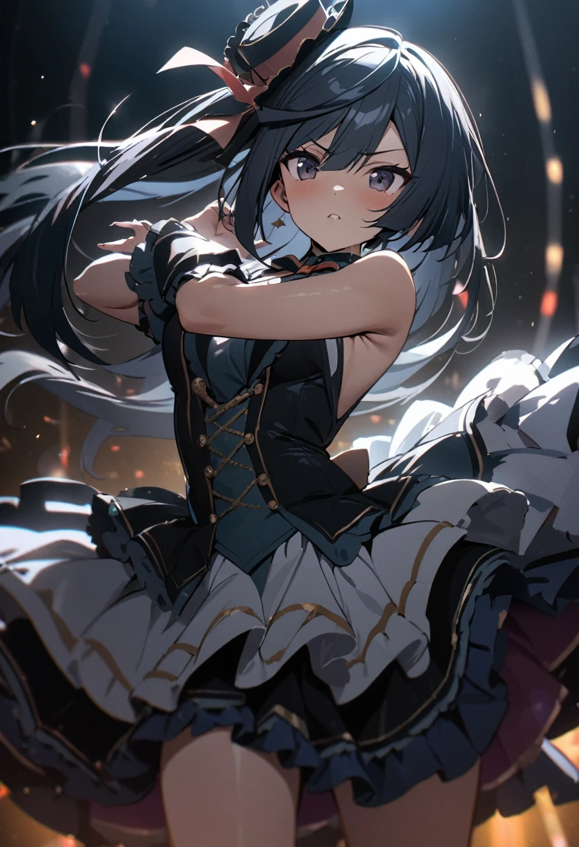 (Yuuki Setsuna), cool, dramatic pose, (masterpiece, best quality, ultra detailed), (cinematic lighting), idol costume, 