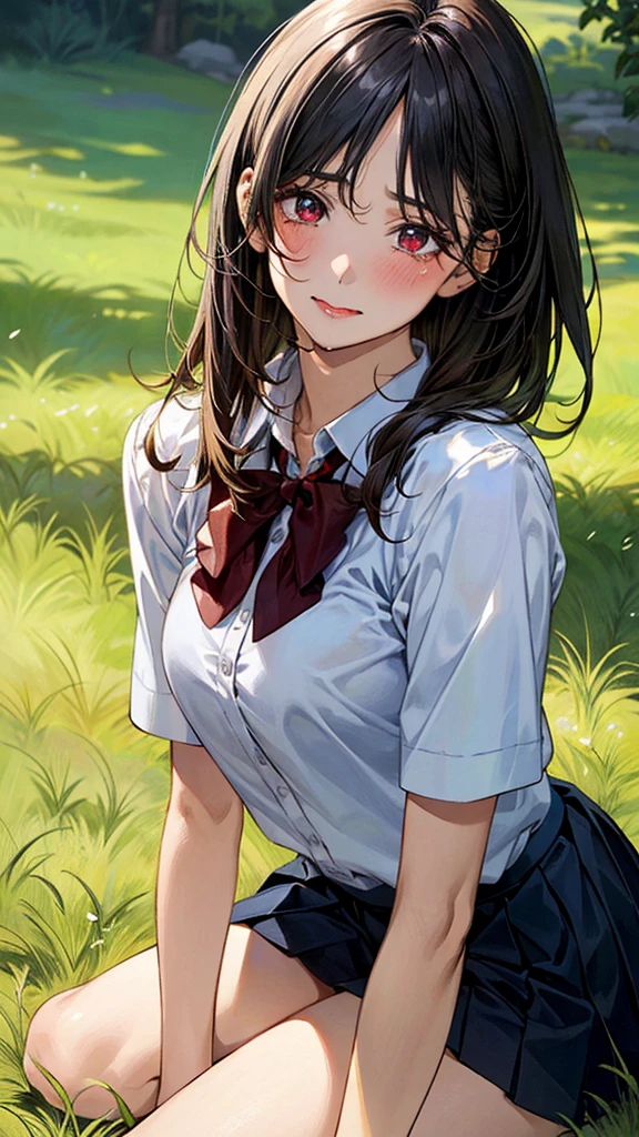 (masterpiece:1.2, top-quality), (realistic, photorealistic:1.4), beautiful illustration, (natural side lighting, movie lighting),
looking at viewer, (extreme close-up, from side), 1 girl, japanese, high school girl, perfect face, (perfect anatomy), cute and symmetrical face, shiny skin,
(middle hair, straight hair, black hair), asymmetrical bangs, dark red eyes, long eye lasher, (medium breasts, seductive thighs, big ass),
beautiful hair, beautiful face, beautiful detailed eyes, beautiful clavicle, beautiful body, beautiful chest, beautiful thigh, beautiful legs,
((insanely detailed clothes, white collared shirt, navy pleated skirt, dark red bow tie)), In a grassy field, a girl is on all fours, a big dog is hugging her back from behind, and the dog's body is on top of the girl's. The girl's face is bright red and flushed, her mouth open, and she looks as if she is about to cry.
Her face was bright red and flushed, her mouth was open, and she looked like she was about to cry.
She is wearing a very short skirt.