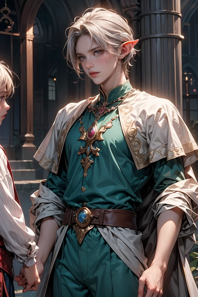 The wise old elf man, in his green robe, silver hair, and green eyes, is approached by a young elf.
The young elf has golden hair, blue eyes, and wears a simple brown tunic and trousers.
The young elf looks frustrated and the old elf man is listening attentively.