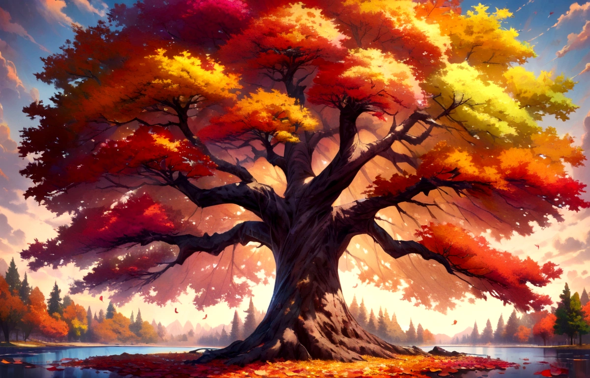 horizontal hyperrealistic tree colorful leaves, painted in oil,