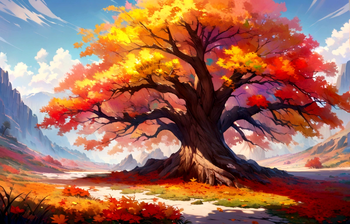 horizontal hyperrealistic tree colorful leaves, painted in oil, 