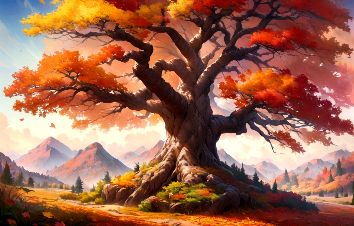 horizontal hyperrealistic tree colorful leaves, painted in oil,