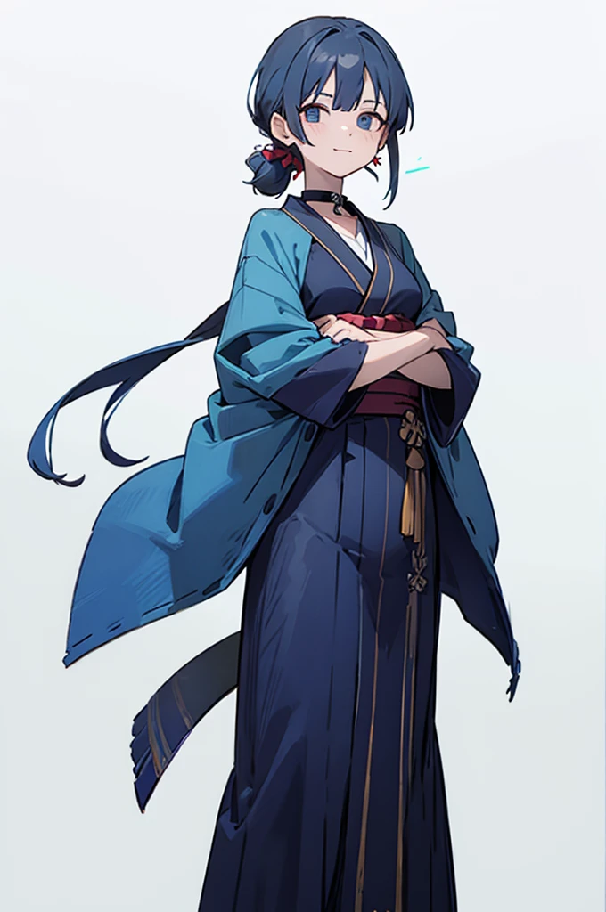 Blue and green yukata,Red and blue hair,Shoulders are out,Mischievous face,Choker on neck,Big earrings,The earrings are red,Arms crossed,Only the mouth is smiling,Straw sandals,Choker on right leg(whole body、Are standing、、White background)
