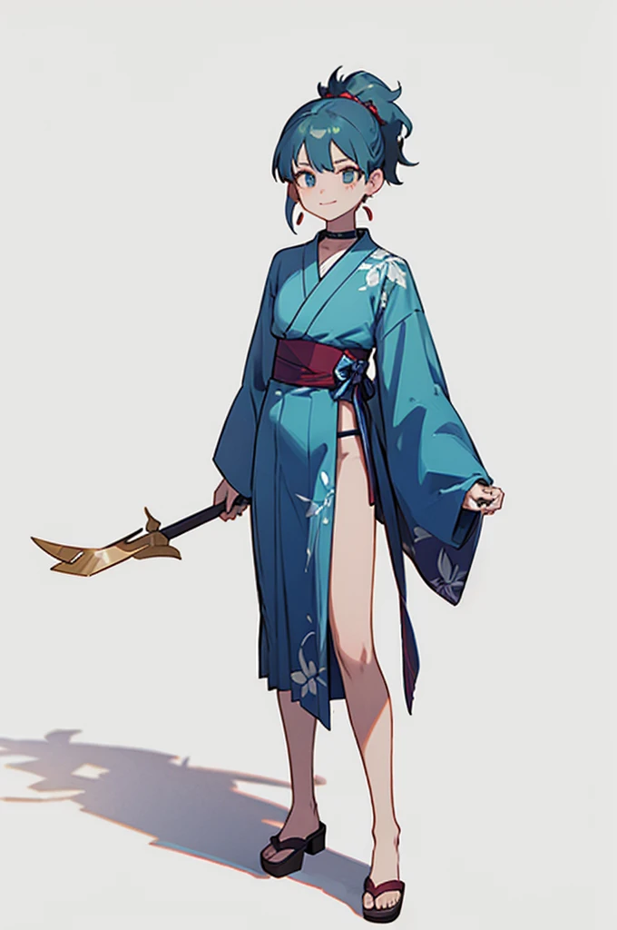 Blue and green yukata,Red and blue hair,Shoulders are out,Mischievous face,Choker on neck,Big earrings,The earrings are red,Arms crossed,Only the mouth is smiling,Straw sandals,Choker on right leg(whole body、Are standing、、White background)