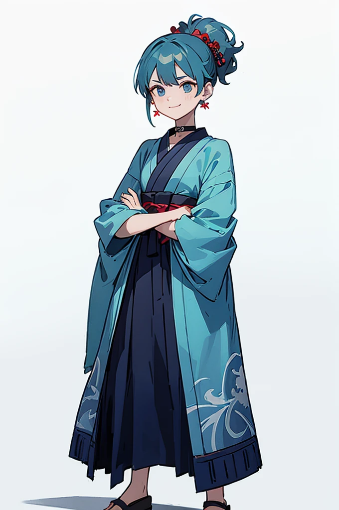 Blue and green yukata,Red and blue hair,Shoulders are out,Mischievous face,Choker on neck,Big earrings,The earrings are red,Arms crossed,Only the mouth is smiling,Straw sandals,Choker on right leg(whole body、Are standing、、White background)