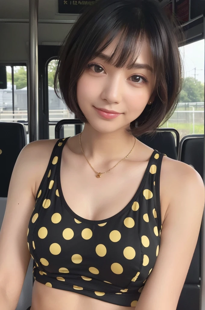 ((Highest quality, 8K, masterpiece: 1.3)), concentrated: 1.2, Perfect Body Beauty: 1.4, ((Layered Haircut,Small breasts: 1.2)), (Bus seat:1.3), (Polka dot tank top : 1.3) ,　A shy smile,Highly detailed face and skin texture, Simple Necklace, (Beautiful, clear black eyes:1.3), double eyelid ,White skin, medium brown bob hair, golden ratio, (shut up: 1.3),
