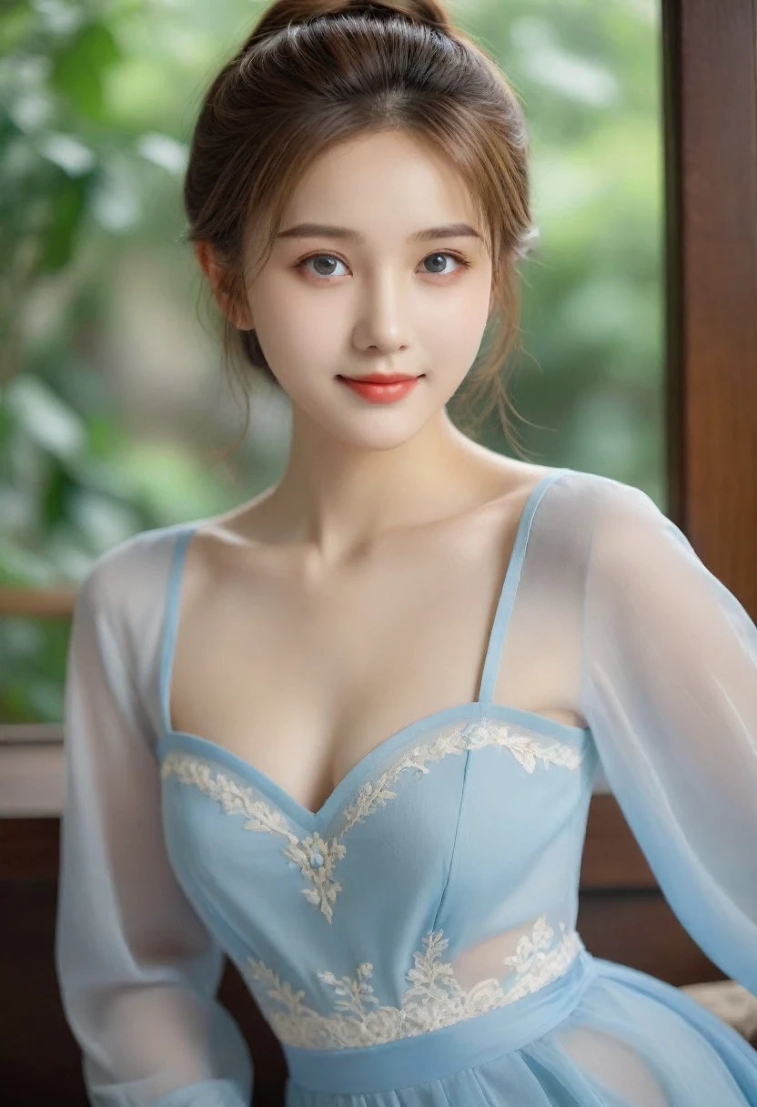 8K, Ultra-high resolution, Highest quality, masterpiece, 三分割法によるphotograph,Surreal, photograph, 1 Girl, (:1.3), pretty girl, Cute face, Beautiful eyes in every detail, 細かくdetailedに,masterpiece,, One Girl:1.2, Village realistic、Virginia Otis 15 year old girl、Victorian era city, Europe. Noble daughter、Looking up from below、The blonde-haired, blue-eyed depiction wears a long-sleeved, sheer fabric dress、Various sexy poses、smile、Depict the whole body、Beautiful leg line beauty,Full of sex appeal,Sensual,屈託のないsmile,Heal the heart,Short ponytail、beauty,Long neck、Laugh a little、Please close your mouth and laugh、(((Ideal body type))),A cup small breasts :2,、Portraiture:2、Perfect Anatomy、なdetailed、detailed、Surreal、Light and shadow,Strong light