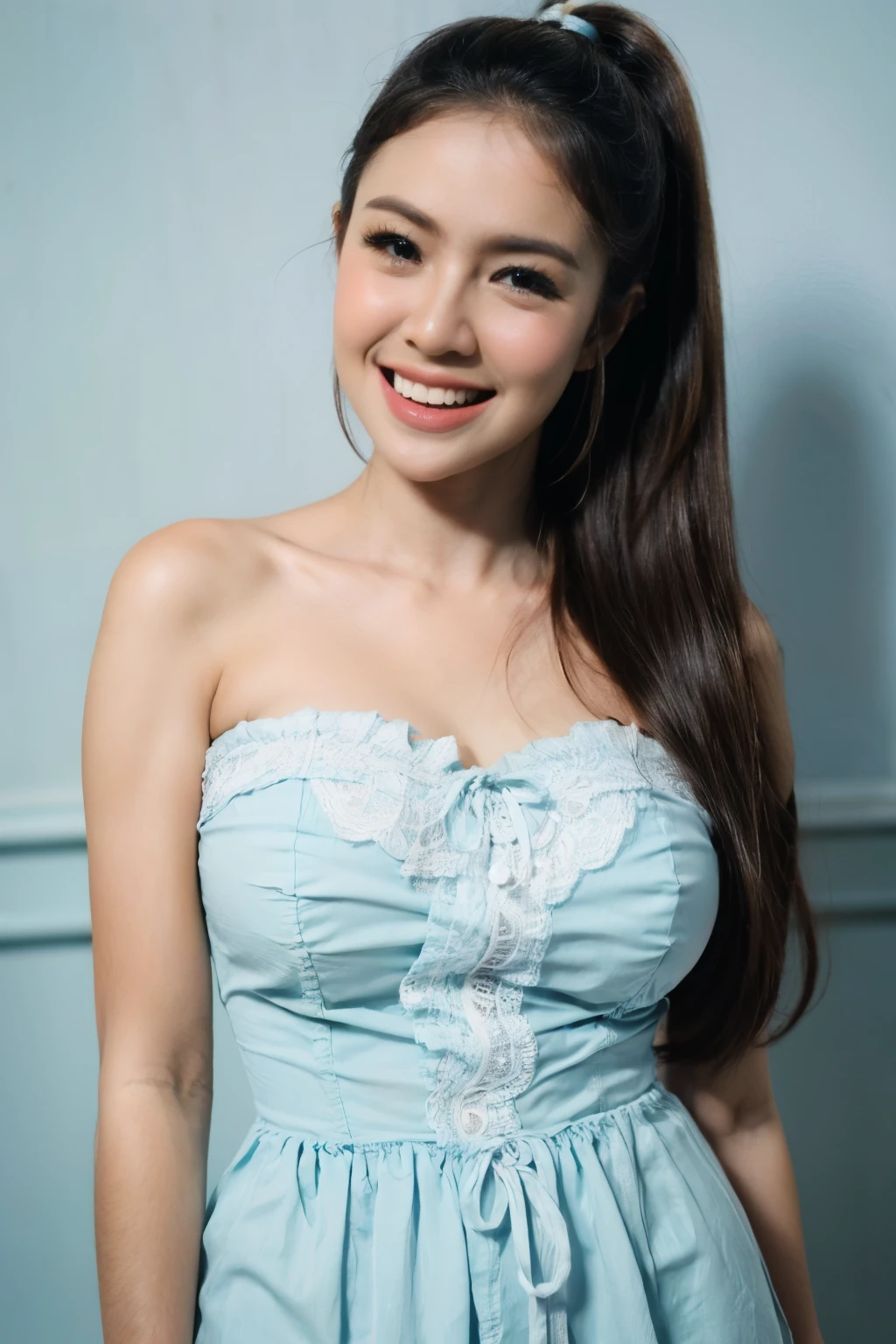 (Light Blue Strapless Dress), adorable, 1 girl, (face to face), 10 years old, baby face, happy, half body portrait, (face details: 1), (eye details:1), ((big breasts)). wearing transparent transparency long shirt, .. Cute posed. proportional body. Ultra High Res. realistic: 1.4, UHD, poke a bun Hairstyle , lace 