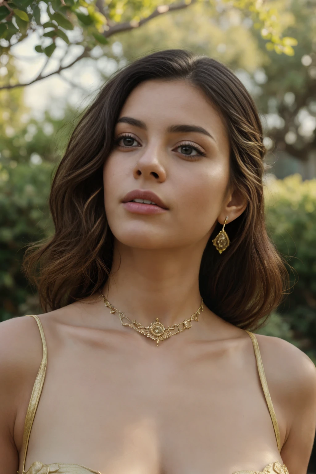 a beautiful young middle eastern woman, totally naked, detailed facial features, long flowing dark hair, warm brown eyes, delicate nose and lips, elegant facial expression, intricate ornate gold jewelry, serene outdoor garden setting, lush greenery, blooming flowers, soft natural lighting, (best quality,4k,8k,highres,masterpiece:1.2),ultra-detailed,(realistic,photorealistic,photo-realistic:1.37),detailed portrait,cinematic composition