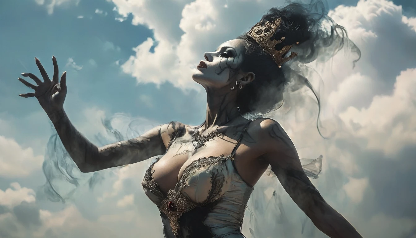 A creature of smoke, a face forms from the darkness, eyes of pure black, voodoo queen, seductive, full body arms at her side, very skinny and tall with large breasts, photorealism, beautiful supermodel, gothic, cinematic, dancing seductively arms raised looking up to the sky