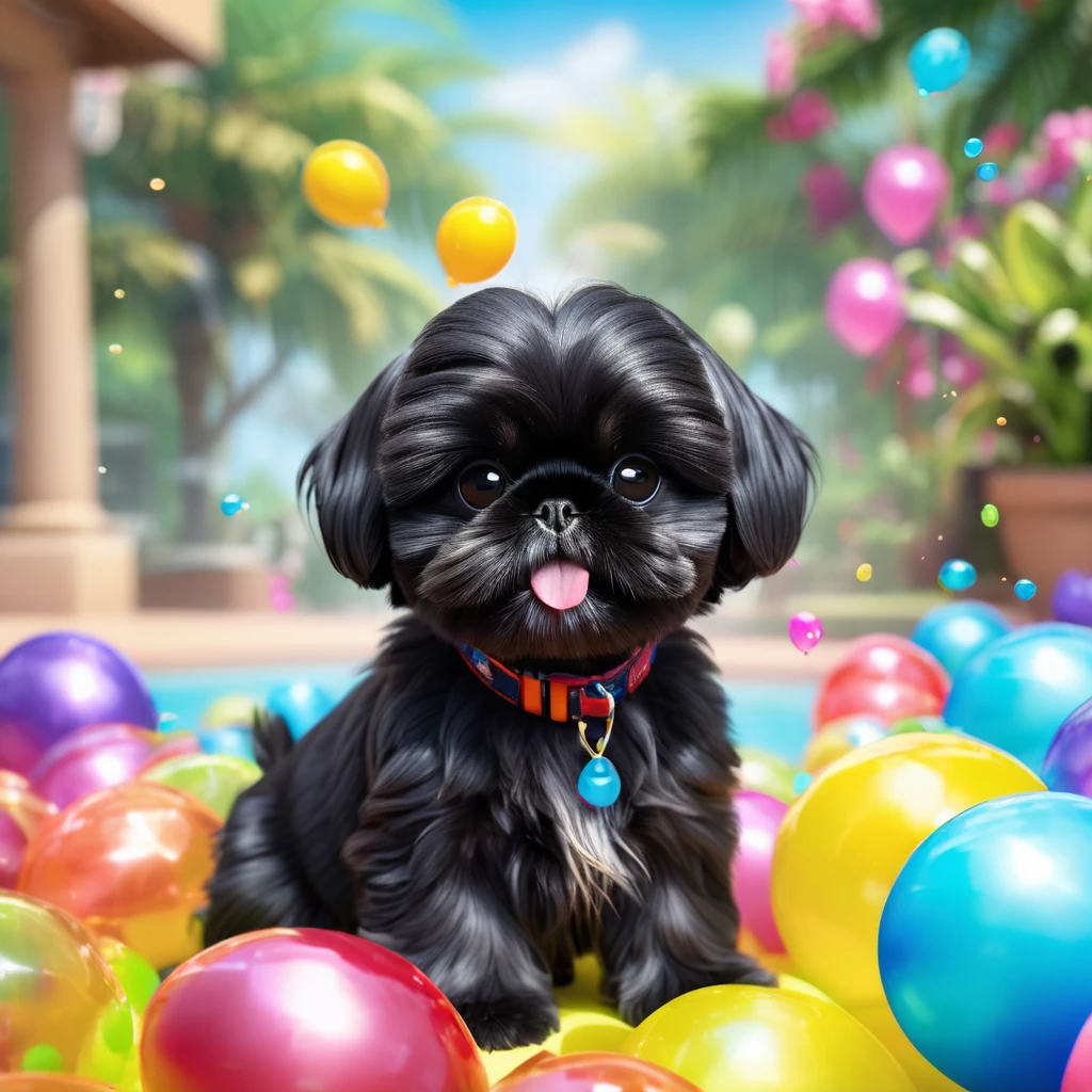 2 adorable small black shih tzu puppies,wearing bright sunglasses,playing with water balloons,disney background,3d cartoon,3d render,disney pixar style,(best quality,4k,8k,highres,masterpiece:1.2),ultra-detailed,(realistic,photorealistic,photo-realistic:1.37),vibrant colors,soft lighting,cute,adorable,whimsical,magical,playful