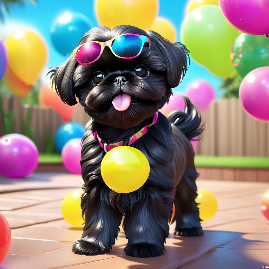 2 adorable small black shih tzu puppies,wearing bright sunglasses,playing with water balloons,disney background,3d cartoon,3d render,disney pixar style,(best quality,4k,8k,highres,masterpiece:1.2),ultra-detailed,(realistic,photorealistic,photo-realistic:1.37),vibrant colors,soft lighting,cute,adorable,whimsical,magical,playful