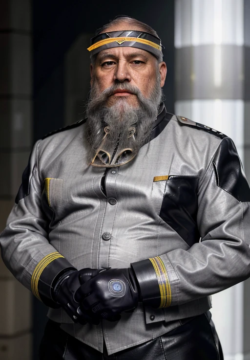 , fotografia de Corpo completo imagem de corpo inteiro, fotografia dinâmica, The space general aged 65 has long gray beard and long beard, wears a futuristic uniform, he is fat bearded, long sleeve uniform , wearing leather gloves on your hands, , He wears a white general&#39;s hat on his head. He wears a general&#39;s hat.((He is very chubby and has a white Speedo, in a huge swimming room he wears no clothes, ))), Inside the spacecraft. Full body photography Full body photography ))), Inside the spacecraft.