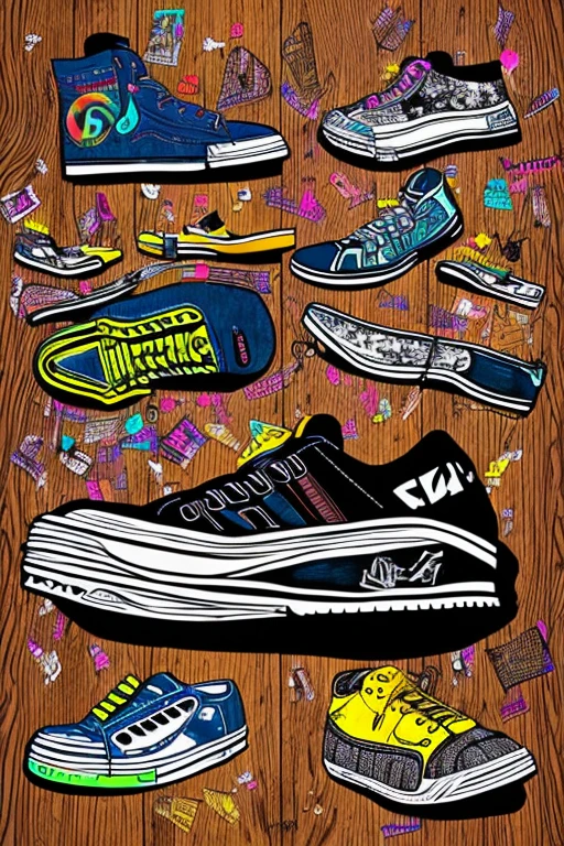 A background filled with scattered musical notes in various sizes and colors
A background completely filled with scattered sneaker in various sizes and colors, covering the entire screen.
colorful image
Punking
Written by "Music for LIFE" on the wood board
black medium hair black medium hair
Five fingers Baggy clothes Baggy clothes