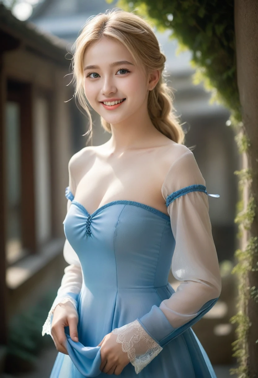8K, Ultra-high resolution, Highest quality, masterpiece, 三分割法によるphotograph,Surreal, photograph, 1 Girl, (:1.3), pretty girl, Cute face, Beautiful eyes in every detail, 細かくdetailedに,masterpiece,, One Girl:1.2, Village realistic、Virginia Otis 15 year old girl、Victorian era city, Europe. Noble daughter、Looking up from below、The blonde-haired, blue-eyed depiction wears a long-sleeved, sheer fabric dress、Various sexy poses、smile、Depict the whole body、Beautiful leg line beauty,Full of sex appeal,Sensual,屈託のないsmile,Heal the heart,Short ponytail、beauty,Long neck、Laugh a little、Please close your mouth and laugh、(((Ideal body type))),A cup small breasts :2,、Portraiture:2、Perfect Anatomy、なdetailed、detailed、Surreal、Light and shadow,Strong light