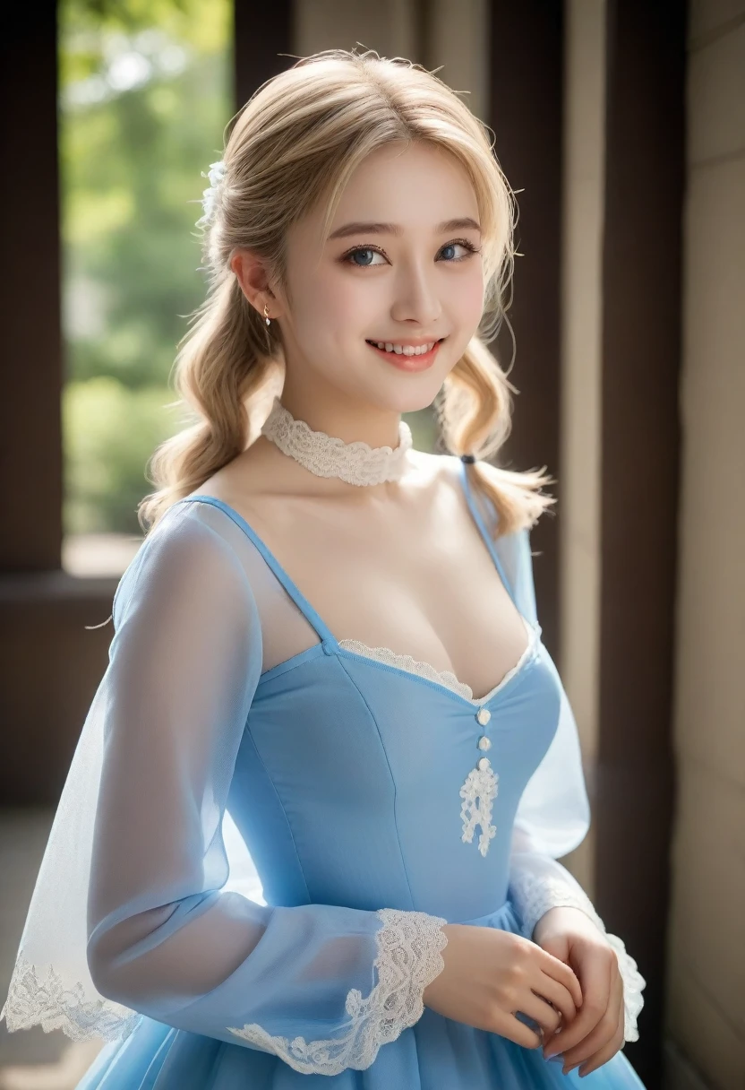 8K, Ultra-high resolution, Highest quality, masterpiece, 三分割法によるphotograph,Surreal, photograph, 1 Girl, (16 years old:1.3), pretty girl, Cute face, Beautiful eyes in every detail, 細かくdetailedに,masterpiece,, One Girl:1.2, Village realistic、Virginia Otis 15 year old girl、Victorian era city, Europe. Noble daughter、Looking up from below、The blonde-haired, blue-eyed depiction wears a long-sleeved, sheer fabric dress、Various sexy poses、smile、Depict the whole body、Beautiful leg line beauty,Full of sex appeal,Sensual,屈託のないsmile,Heal the heart,Short ponytail、beauty,Long neck、Laugh a little、Please close your mouth and laugh、(((Ideal body type))),A cup small breasts :2,、Portraiture:2、Perfect Anatomy、なdetailed、detailed、Surreal、Light and shadow,Strong light