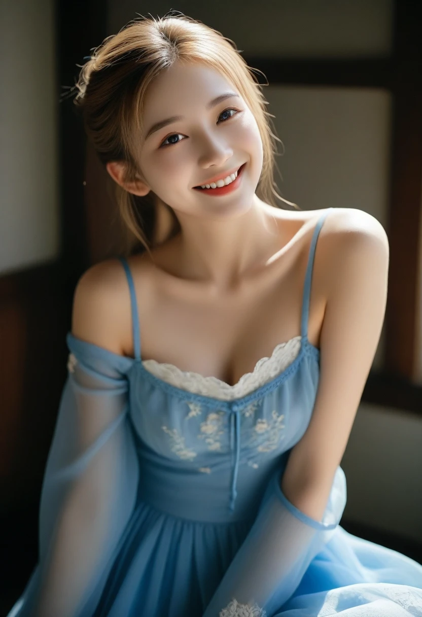 8K, Ultra-high resolution, Highest quality, masterpiece, 三分割法によるphotograph,Surreal, photograph, 1 Girl, (16 years old:1.3), pretty girl, Cute face, Beautiful eyes in every detail, 細かくdetailedに,masterpiece,, One Girl:1.2, Village realistic、Virginia Otis 15 year old girl、Victorian era city, Europe. Noble daughter、Looking up from below、The blonde-haired, blue-eyed depiction wears a long-sleeved, sheer fabric dress、Various sexy poses、smile、Depict the whole body、Beautiful leg line beauty,Full of sex appeal,Sensual,屈託のないsmile,Heal the heart,Short ponytail、beauty,Long neck、Laugh a little、Please close your mouth and laugh、(((Ideal body type))),A cup small breasts :2,、Portraiture:2、Perfect Anatomy、なdetailed、detailed、Surreal、Light and shadow,Strong light