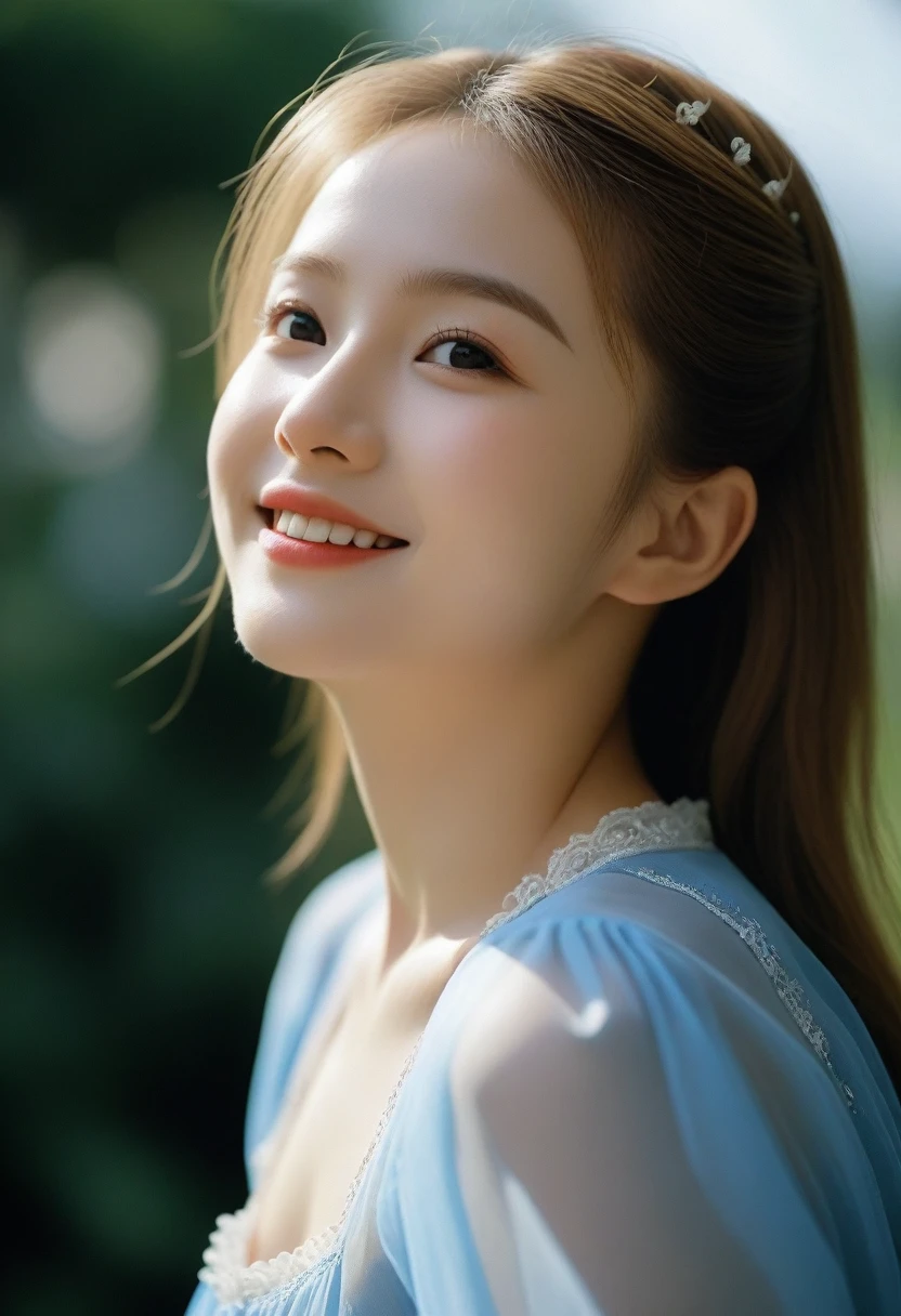 8K, Ultra-high resolution, Highest quality, masterpiece, 三分割法によるphotograph,Surreal, photograph, 1 Girl, (16 years old:1.3), pretty girl, Cute face, Beautiful eyes in every detail, 細かくdetailedに,masterpiece,, One Girl:1.2, Village realistic、Virginia Otis 15 year old girl、Victorian era city, Europe. Noble daughter、Looking up from below、The blonde-haired, blue-eyed depiction wears a long-sleeved, sheer fabric dress、Various sexy poses、smile、Depict the whole body、Beautiful leg line beauty,Full of sex appeal,Sensual,屈託のないsmile,Heal the heart,Short ponytail、beauty,Long neck、Laugh a little、Please close your mouth and laugh、(((Ideal body type))),A cup small breasts :2,、Portraiture:2、Perfect Anatomy、なdetailed、detailed、Surreal、Light and shadow,Strong light