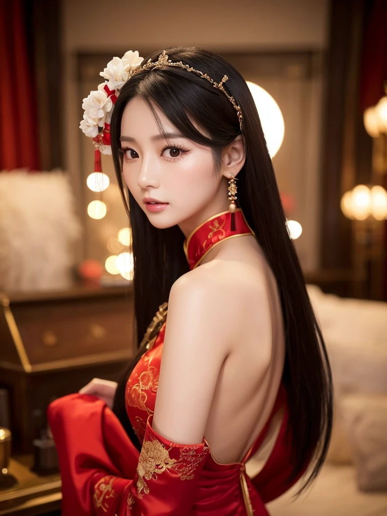 Chineseメイク、Beauty、Chinese、32k,China dress、Long Black Hair、Realistic、Realistic、Boa Hancock lookalike、Stylish、Long legs、Constriction emphasis、赤いChina dress、sexy、Too much exposure、tall、10 heads、Small face、Eyes wide open、Accentuate your butt、見返りBeauty図、Exposing the chest、China dressがピチピチ、33 years old、Alluring、Looks like Galileo's Shibasaki Kou、Highlight the slit、The background is the sea、Emphasize the chest、in the sea、At the Beach、whole body、Only one woman、