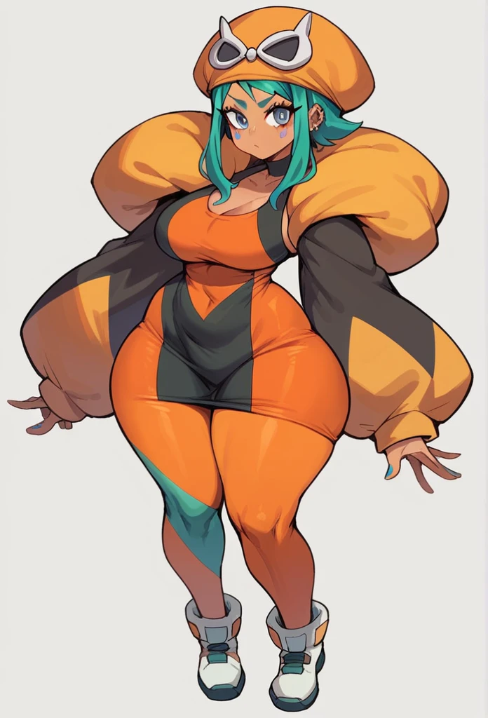 cerebella, huge tits,full dress with wide neckline short orange, Wide hips , big thighs, long orange tights, orange hat with big arms on the sides