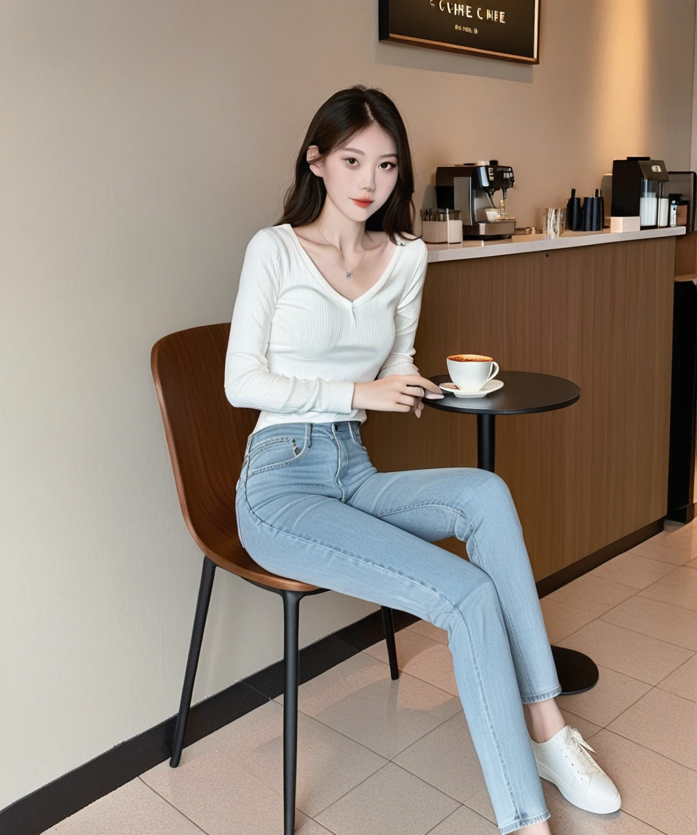 Score_9,Score_8_up,Score_7_up,in a coffee shop,1 girl,white top,skinny jeans,sitting_on_chair,muted colors,