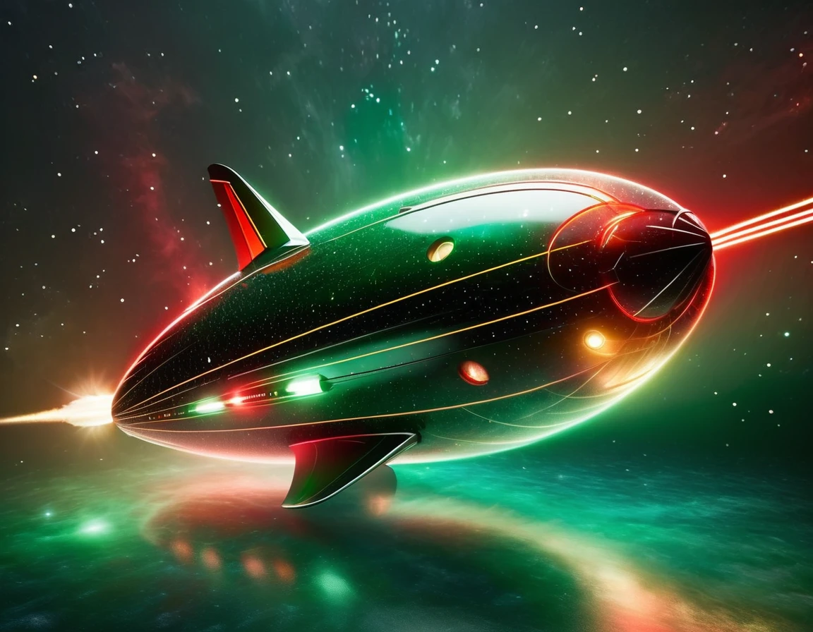 "A sophisticated starship traveling through space, set against a gradient backdrop from dark green to red, speckled with stars. The ship’s design boasts a circular front, a streamlined body, and nacelles, with intricate paneling and lights highlighting its advanced technology."