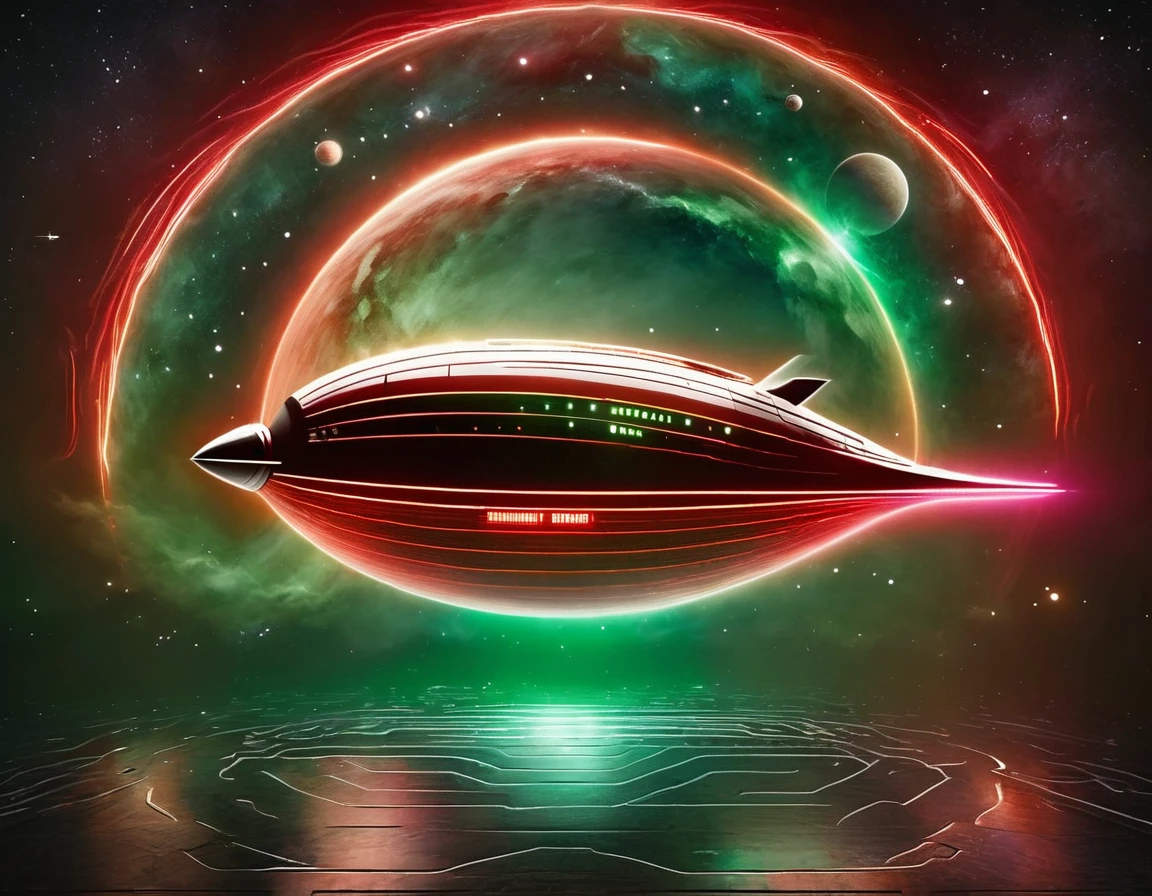 "A sophisticated starship traveling through space, set against a gradient backdrop from dark green to red, speckled with stars. The ship’s design boasts a circular front, a streamlined body, and nacelles, with intricate paneling and lights highlighting its advanced technology."