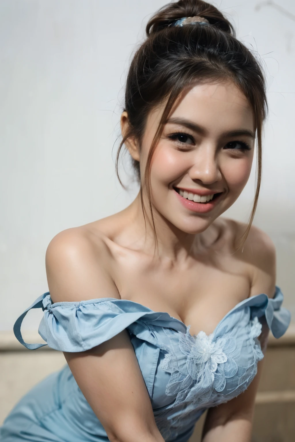 (Light Blue Strapless Dress), adorable, 1 girl, (face to face), , baby face, hf body portrait, (face details: 1), (eye details:1), ((big breasts)). wearing transparent transparency long shirt, .. Cute posed. proportional body. Ultra High Res. realistic: 1.4, UHD, poke a bun Hairstyle , lace