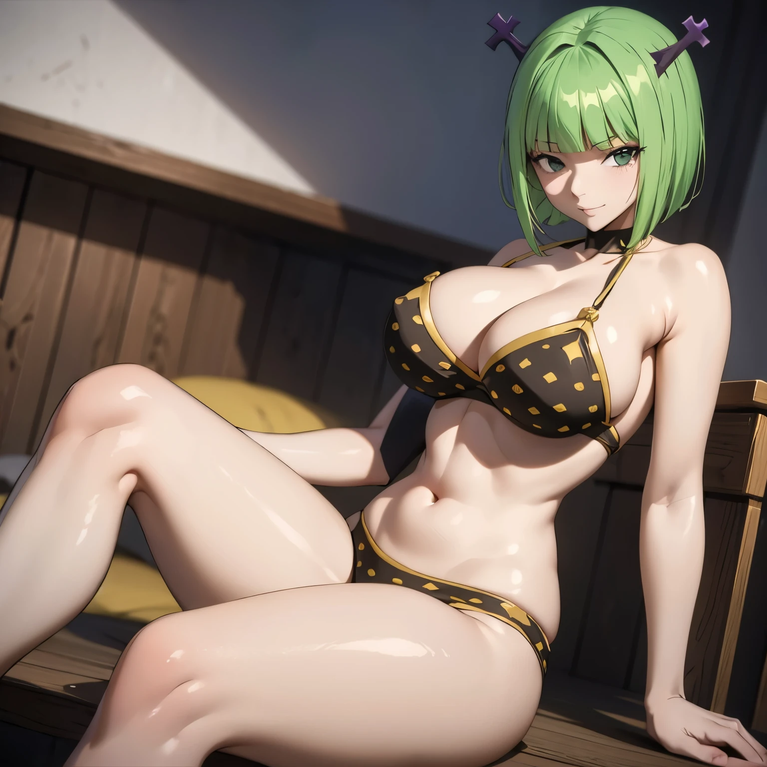 Brandish, Woman 20 years old, short green hair, detailed green eyes, flirtatious smile, blush, big breasts, yellow bikini with dots, de pie , parada frente al espectador cuerpo completo. sonrisa, cuerpo mojado.