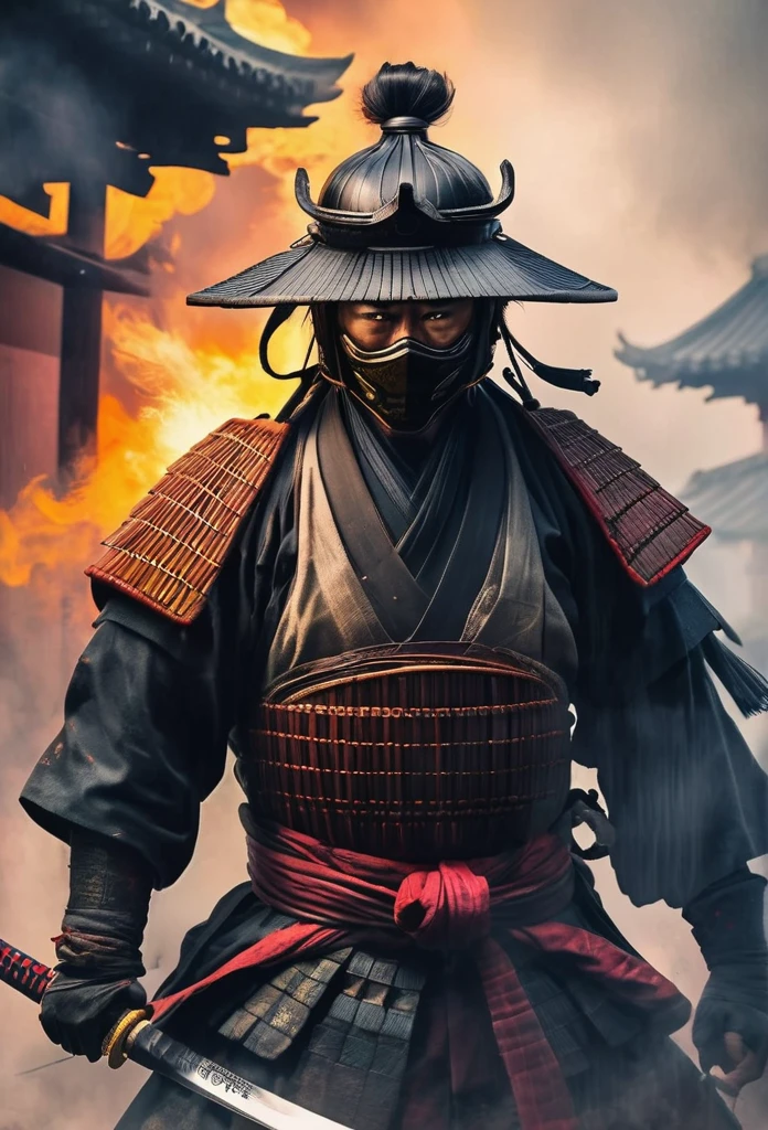 A Japanese ancient samurai ronin with magnificent mask in portrait, fighting pose, the atmosphere is heavy and sad. It's very detailed and in the atmosphere of the old quarter of the time, background with fire qnd smoke and fog, BEST quality, masterpiece,extreme intrincate detail and textures, dark clouds