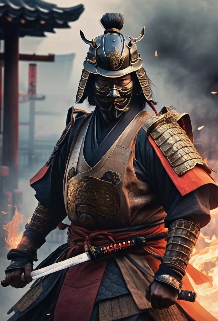 A Japanese ancient samurai ronin with magnificent mask in portrait, fighting pose, the atmosphere is heavy and sad. It's very detailed and in the atmosphere of the old quarter of the time, background with fire qnd smoke and fog, BEST quality, masterpiece,extreme intrincate detail and textures, dark clouds