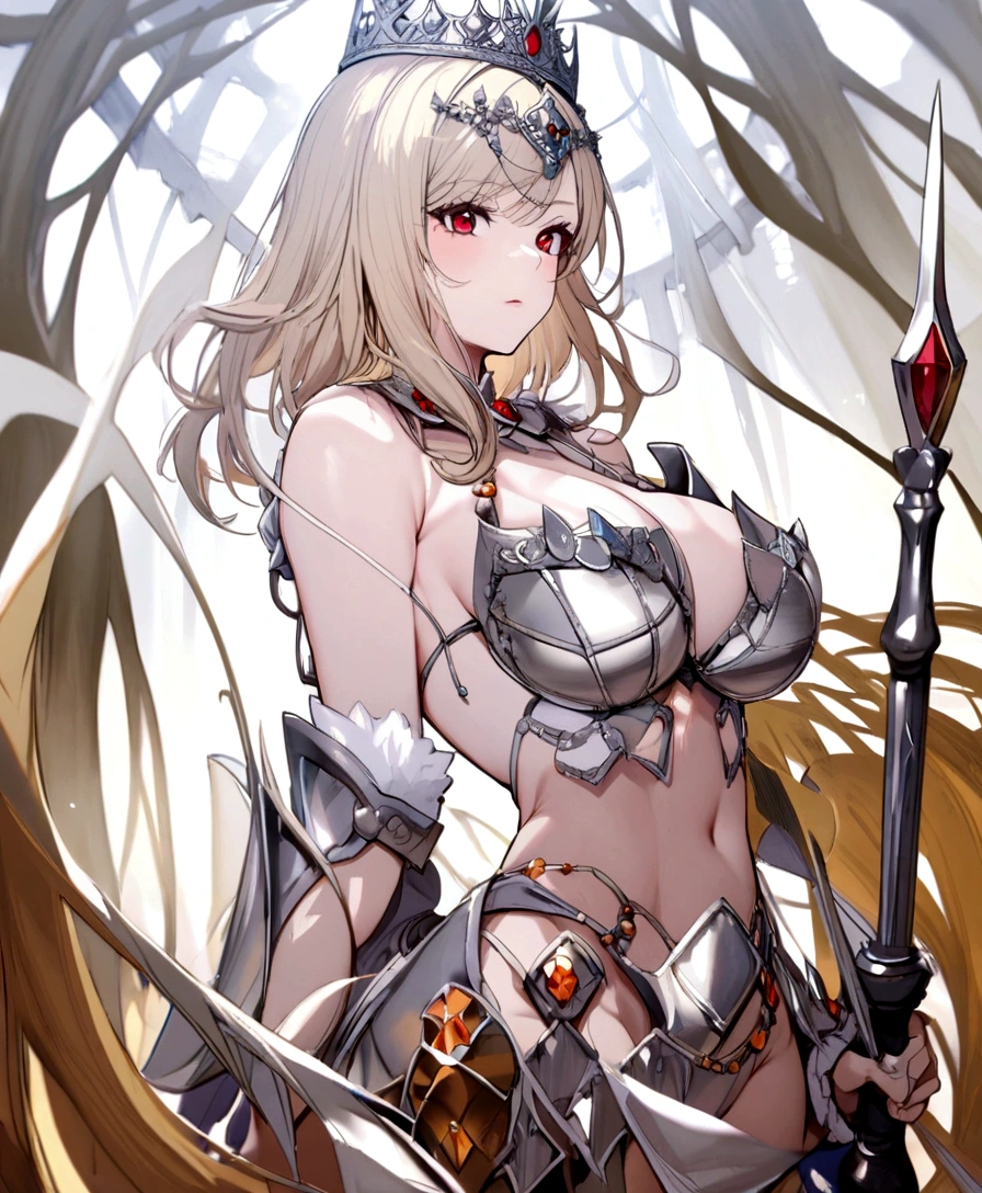 Silver bikini armor, silver crown, bare belly, big breasts, blond hair, red eyes, bikini armor, silver