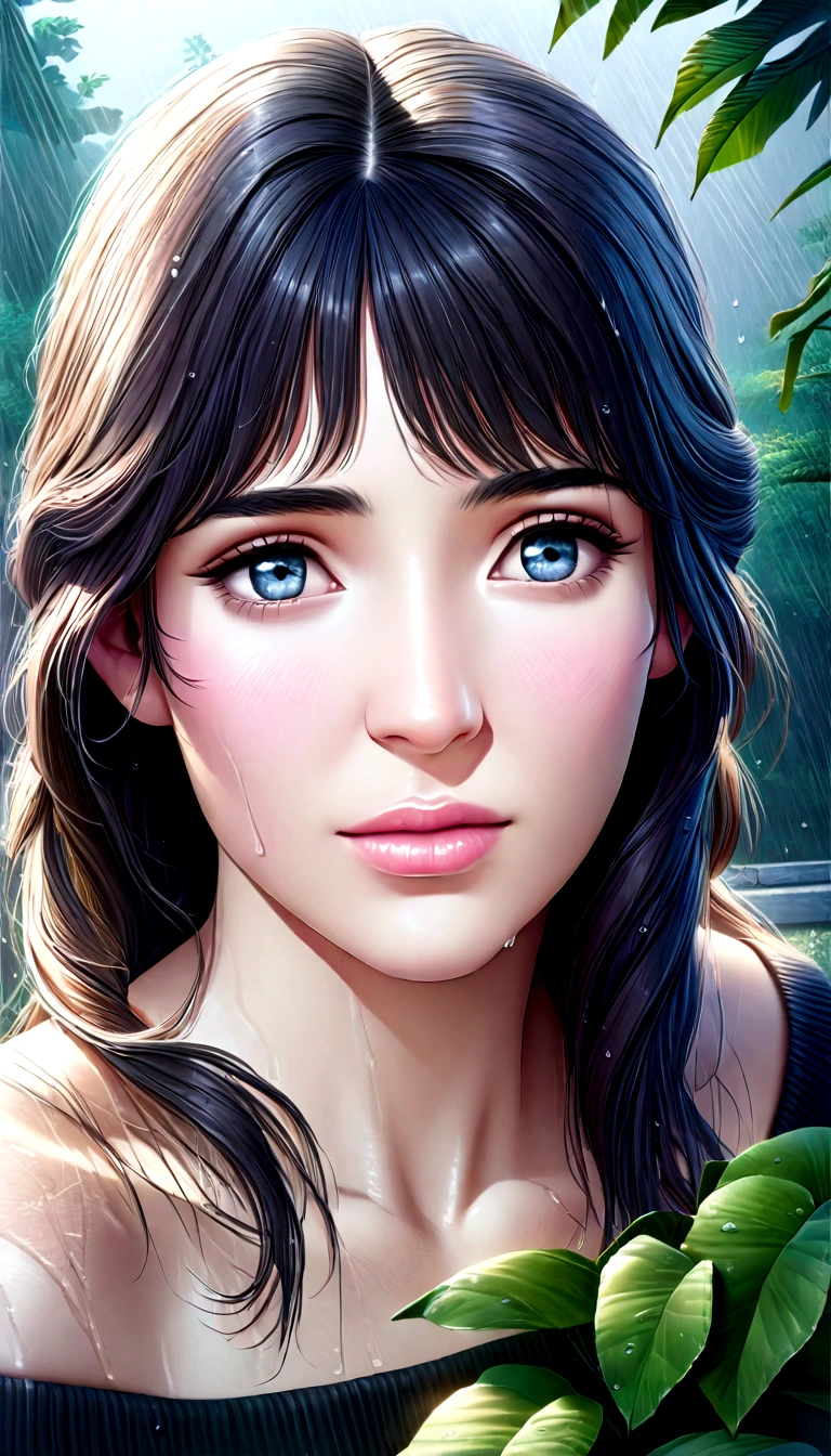 detailed portrait of a young girl dancing in the rain, beautiful detailed eyes, beautiful detailed lips, extremely detailed eyes and face, long eyelashes, playful expression, messy hair, wet skin, rain drops, outdoor garden scene, lush green foliage, overcast sky, dramatic lighting, moody colors, cinematic, (best quality,4k,8k,highres,masterpiece:1.2),ultra-detailed,(realistic,photorealistic,photo-realistic:1.37)