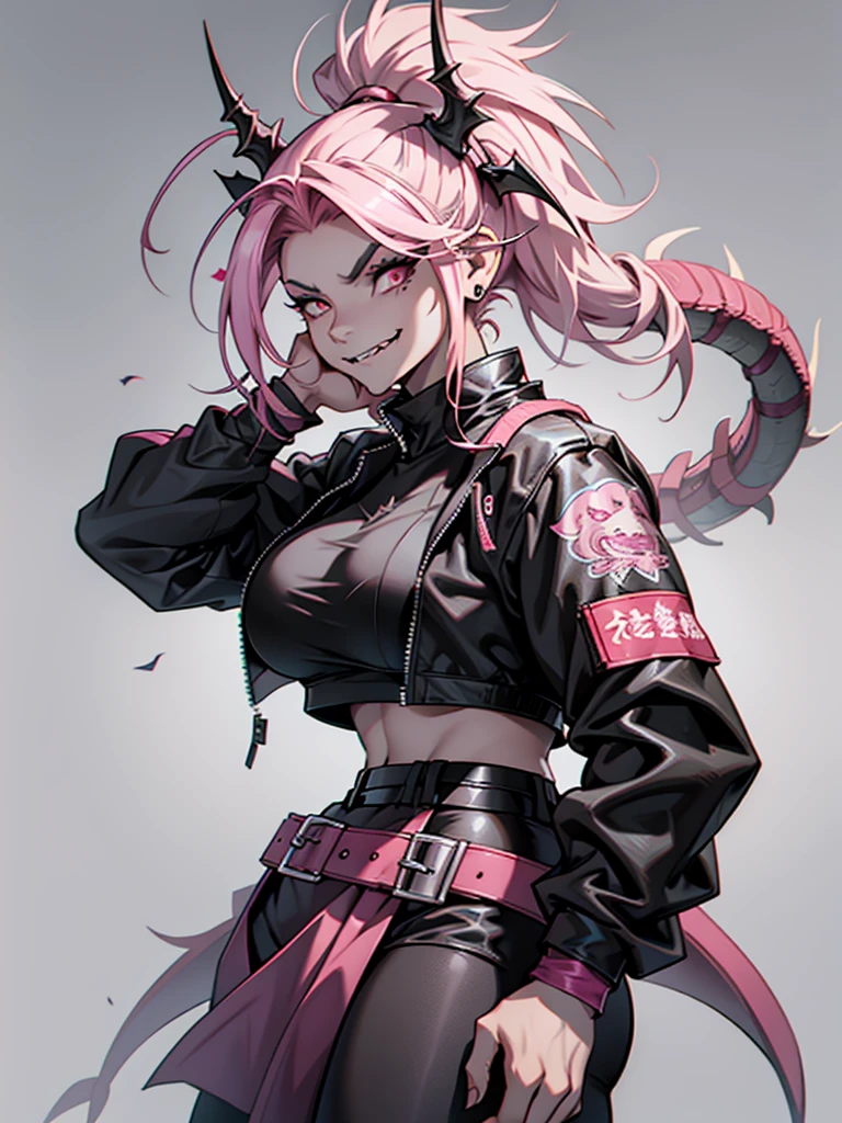 grey skin, half dragon female, with black pig tails hair and pink streaks, sharp teeth, biker outfit.