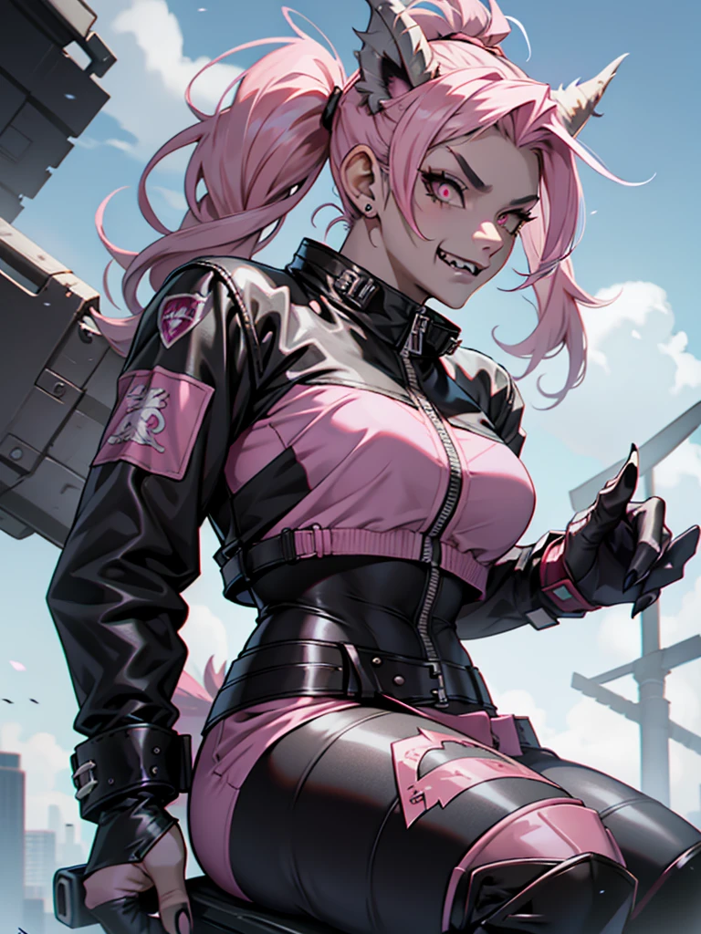 grey skin, half dragon female, with black pig tails hair and pink streaks, sharp teeth, biker outfit.