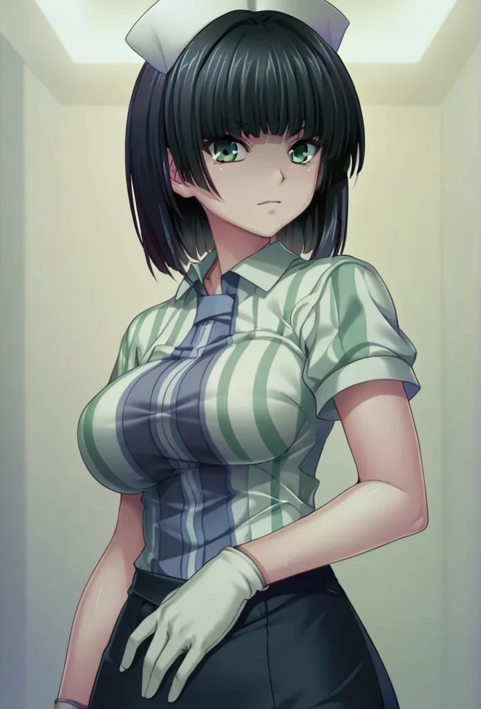 aizawa sb, black hair, medium hair, bob, green eyes, striped shirt, black skirt, nurse, nurse cap, short sleeves, white latex gloves, hospital private room