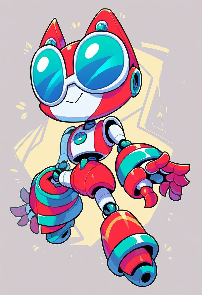 Sidescroller character facing right, Chibi robot, robot with mask and sunglasses shaped eyes, medabot style, red and white, big head, thick parts