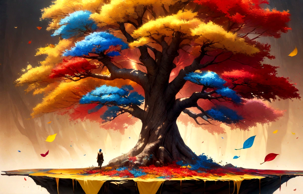 horizontal hyperrealistic tree colorful leaves, blue leaf, Yellow sheets, Red sheets, painted in oil, full body tree