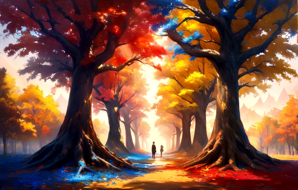 horizontal hyperrealistic tree colorful leaves, blue leaf, Yellow sheets, Red sheets,  painted in oil, full body tree 