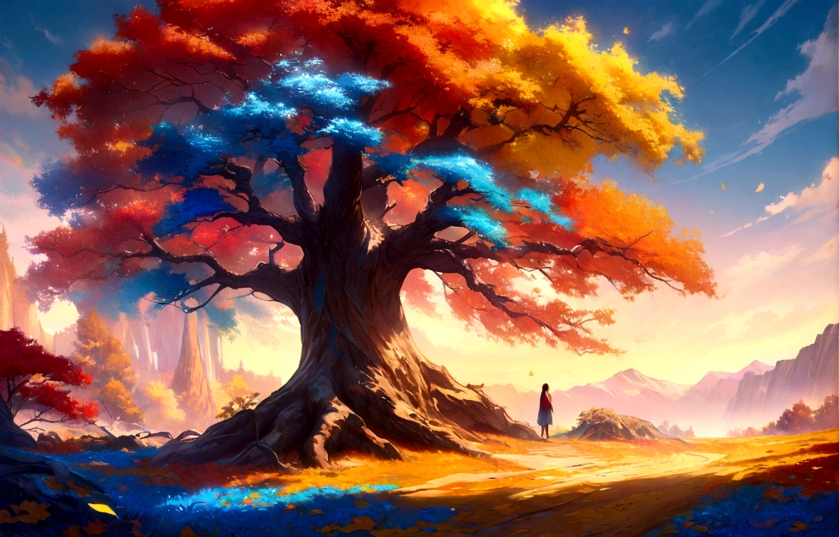 horizontal hyperrealistic tree colorful leaves, blue leaf, Yellow sheets, Red sheets, painted in oil, full body tree