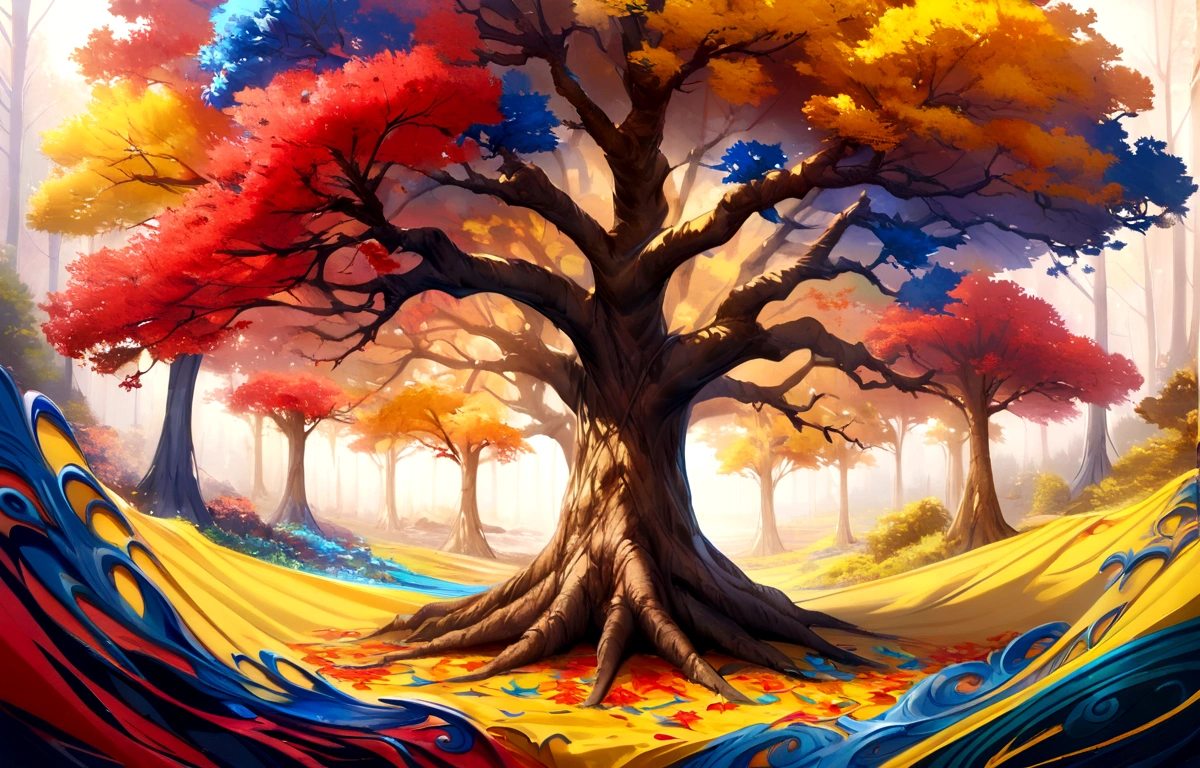 horizontal hyperrealistic tree colorful leaves, blue leaf, Yellow sheets, Red sheets, painted in oil, full body tree