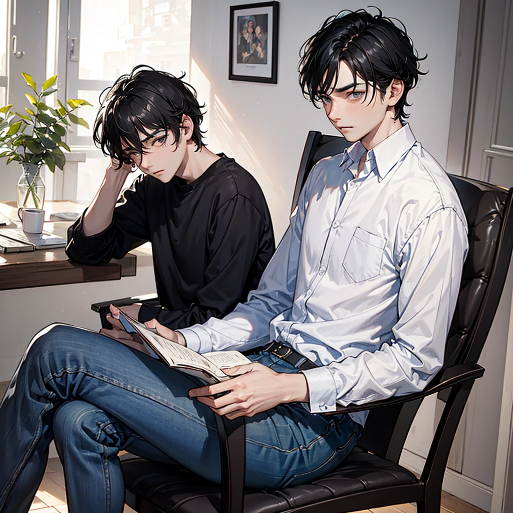 black hair, young man sitting and reading, tired and listless expression,sketch, picture from the front, first-person view, anatomically correct, award winning