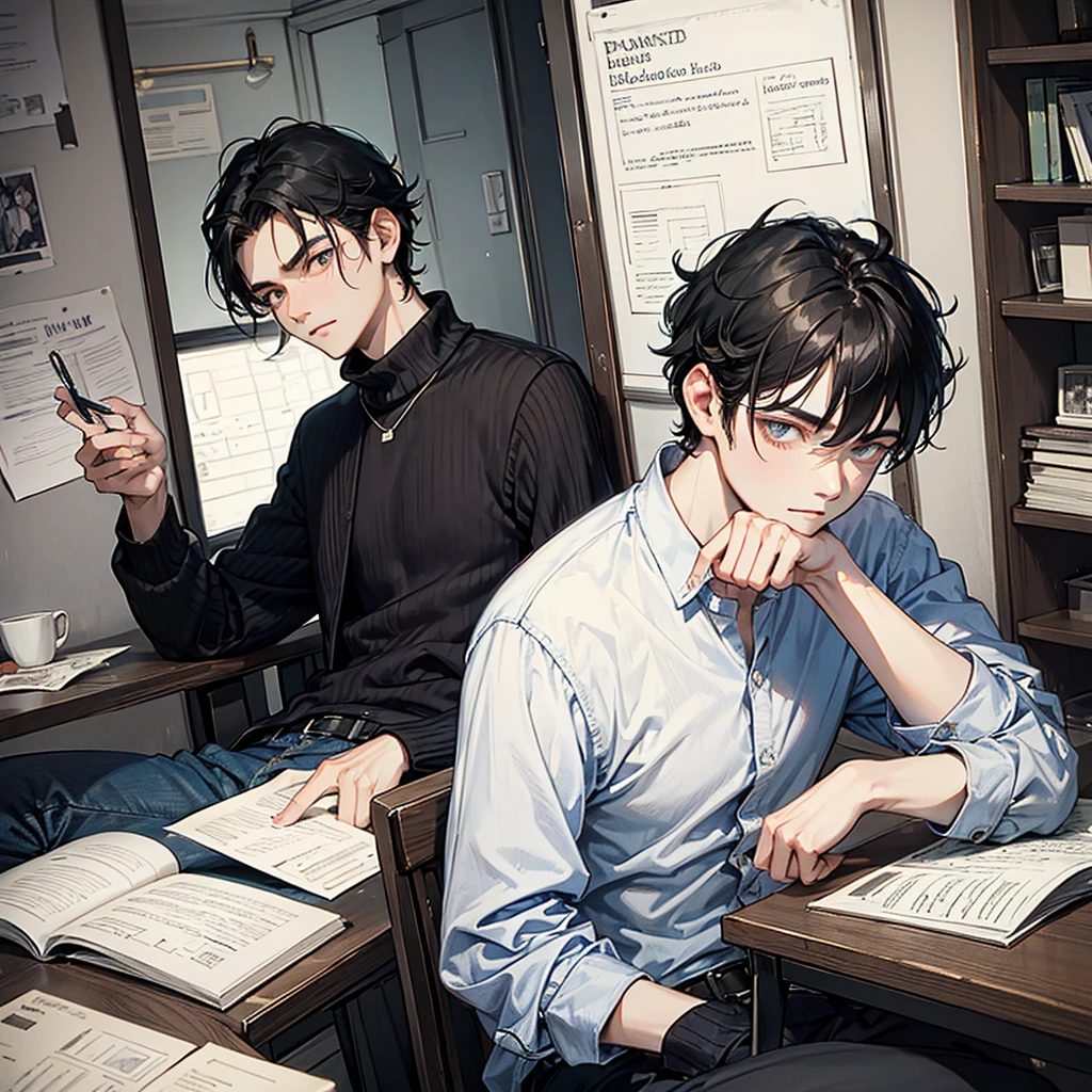 black hair, young man sitting and reading, tired and listless expression,sketch, picture from the front, first-person view, anatomically correct, award winning