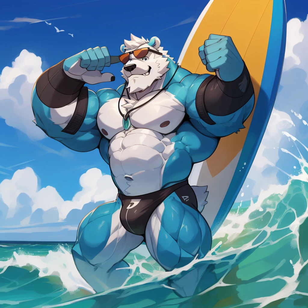 solo, 1boy, Huge Muscular White Polar Bear Dad wearing black sunglasses, huge white fur, pectoral, huge pectoral, wide pectoral, short white hair, blue-colored competitive briefs, black wristbands and shirtless topless, bearded, white Mustache, white fur, tooth necklace, professional surfer, surf board, background, masterpiece, high detailed, 8k, high resolution, at the ocean, surfing the waves, riding the surfboard, gliding on the surfboard, being totally radical, surf's up dudes, showboating