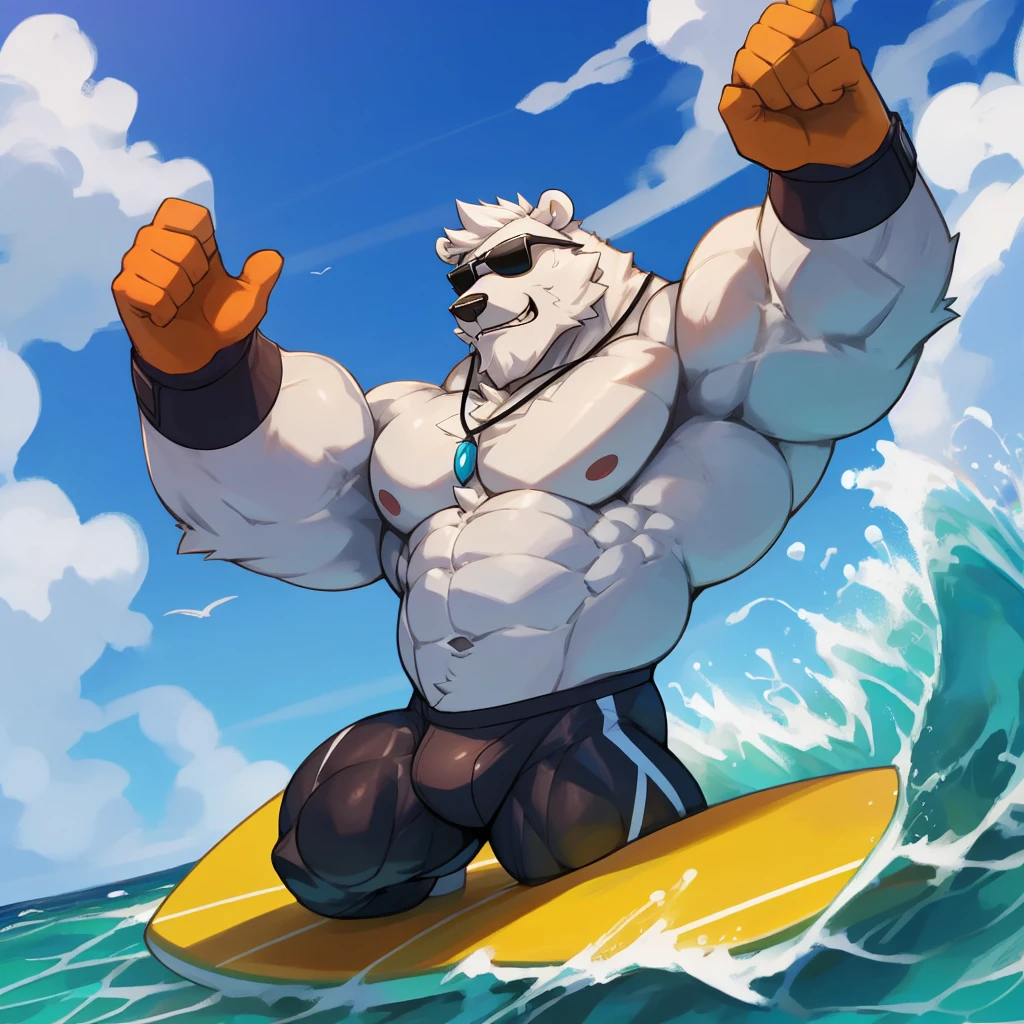 solo, 1boy, Huge Muscular White Polar Bear Dad wearing black sunglasses, huge white fur, pectoral, huge pectoral, wide pectoral, short white hair, blue-colored competitive briefs, black wristbands and shirtless topless, bearded, white Mustache, white fur, tooth necklace, professional surfer, surf board, background, masterpiece, high detailed, 8k, high resolution, at the ocean, surfing the waves, riding the surfboard, gliding on the surfboard, being totally radical, surf's up dudes, showboating