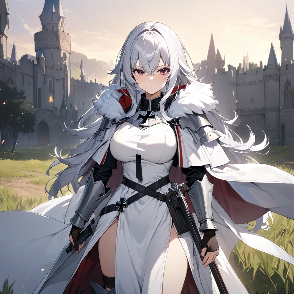 A woman wearing medieval Teutonic armor, wearing a white tunic, black iron cross drawn on the tunic, metal bracelet, metal boots, holding a steel sword, white fur cape, long cape, large breasts, burgundy eyes, silver hair , long hair, serious face, on a dirt walk in an open medieval field, with medieval aesthetics of the place, castle in the background.UHD , prime work , accurate , anatomically correct , textured skin , super details , high quality , best quality, 8k, high resolution, bokeh effect. (woman alone),
