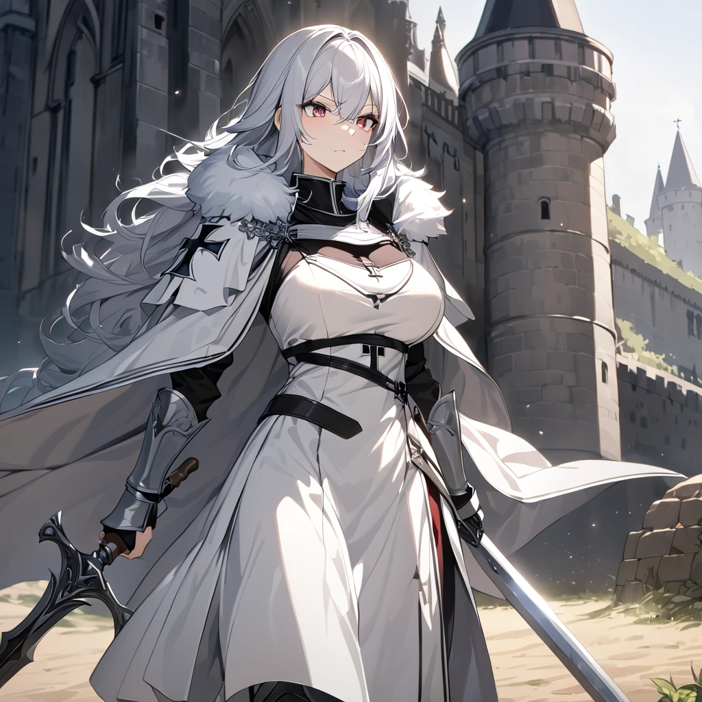 A woman wearing medieval Teutonic armor, wearing a white tunic, black iron cross drawn on the tunic, metal bracelet, metal boots, holding a steel sword, white fur cape, long cape, large breasts, burgundy eyes, silver hair , long hair, serious face, on a dirt walk in an open medieval field, with medieval aesthetics of the place, castle in the background.UHD , prime work , accurate , anatomically correct , textured skin , super details , high quality , best quality, 8k, high resolution, bokeh effect. (woman alone),
