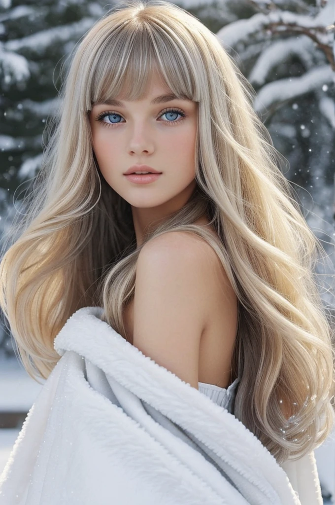 A 20 year old blonde girl, with French bangs and long hair in cape, grey eyes.. Angelic beauty.. white as snow in the 1940s