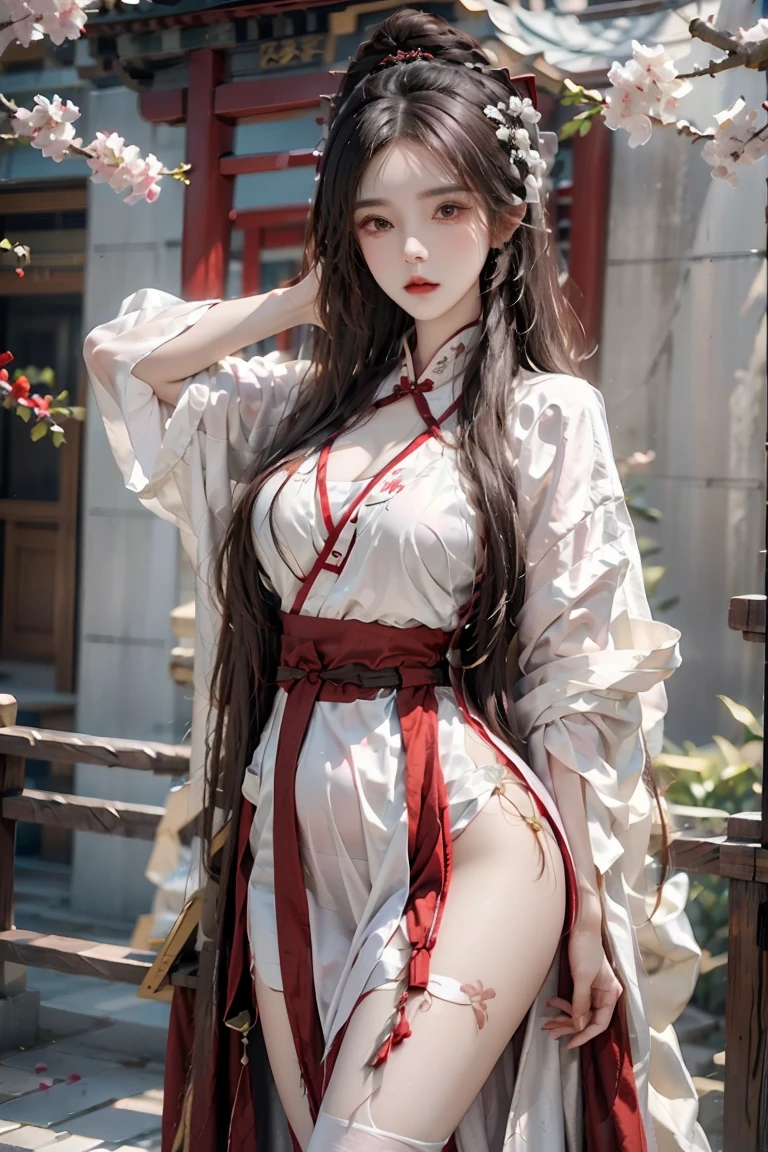 female,masterpiece, realistic, best quality, ultra detailed, cowboy_shot, long hair, white hair, red lips, jewelery,hanfu, kungfu wear, colorful clothing,cherry blossom,thighhighs